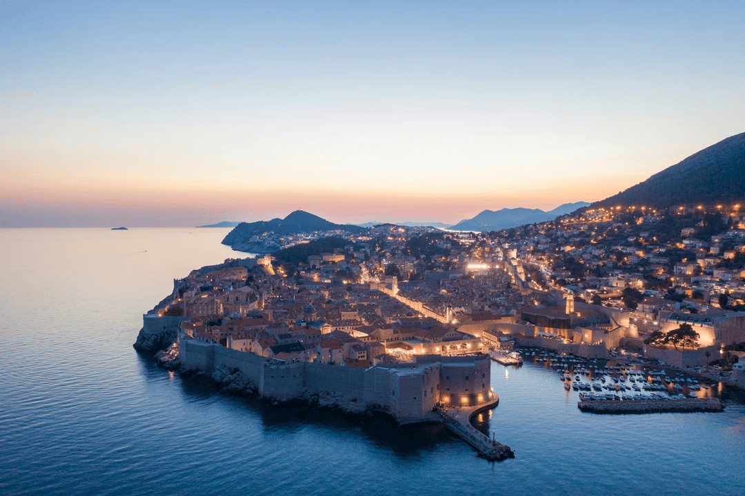 Aerial view of Dubrovnik old town and Adriatic Sea at sunset, Croatia