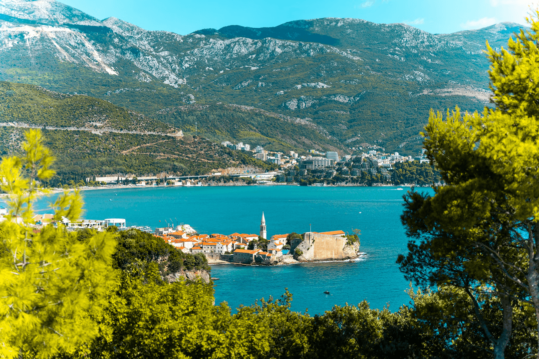 Bay of Kotor with medieval town and dramatic mountain backdrop, Montenegro